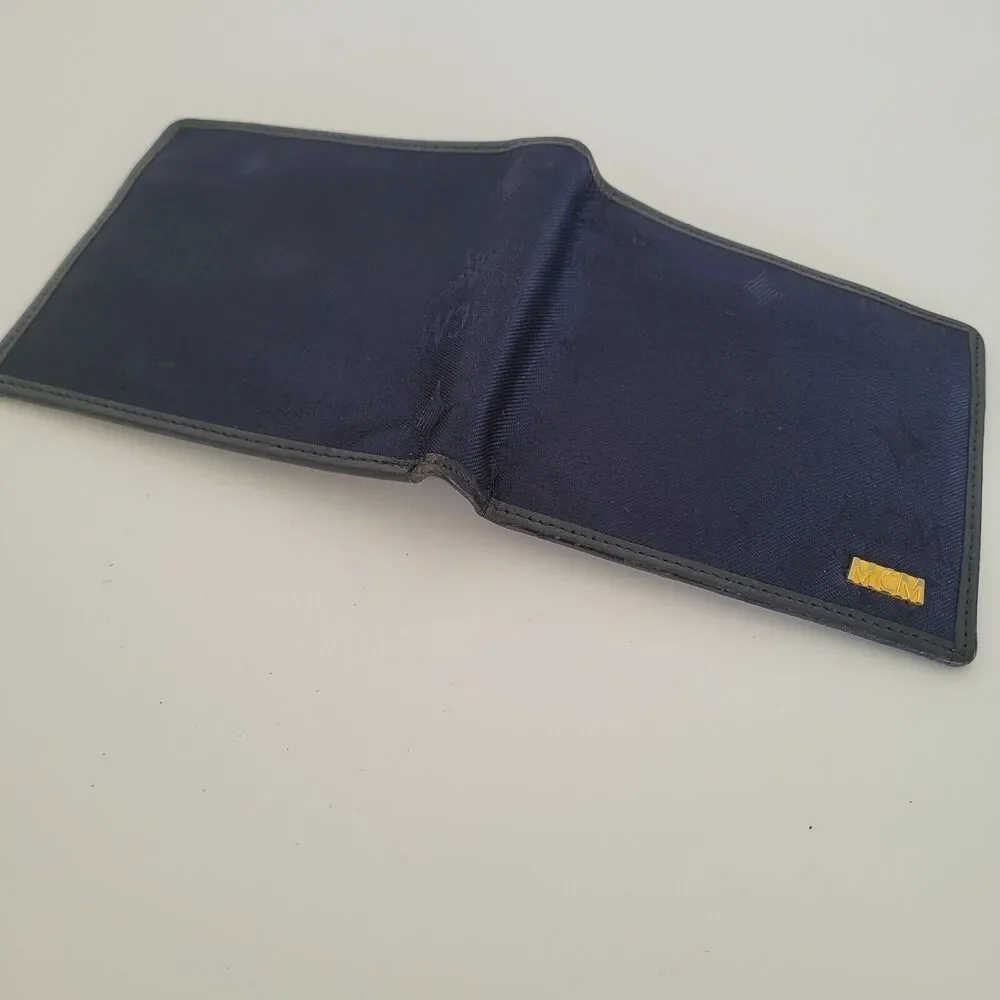 MCM Vintage Men's Wallet Card Case Leather‎ Designer Bifold Signature Navy Blue